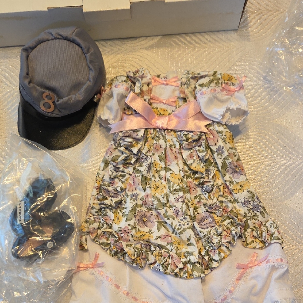 Danbury Mint Shirley Temple Floral Dress with Pink Bow and Accessories